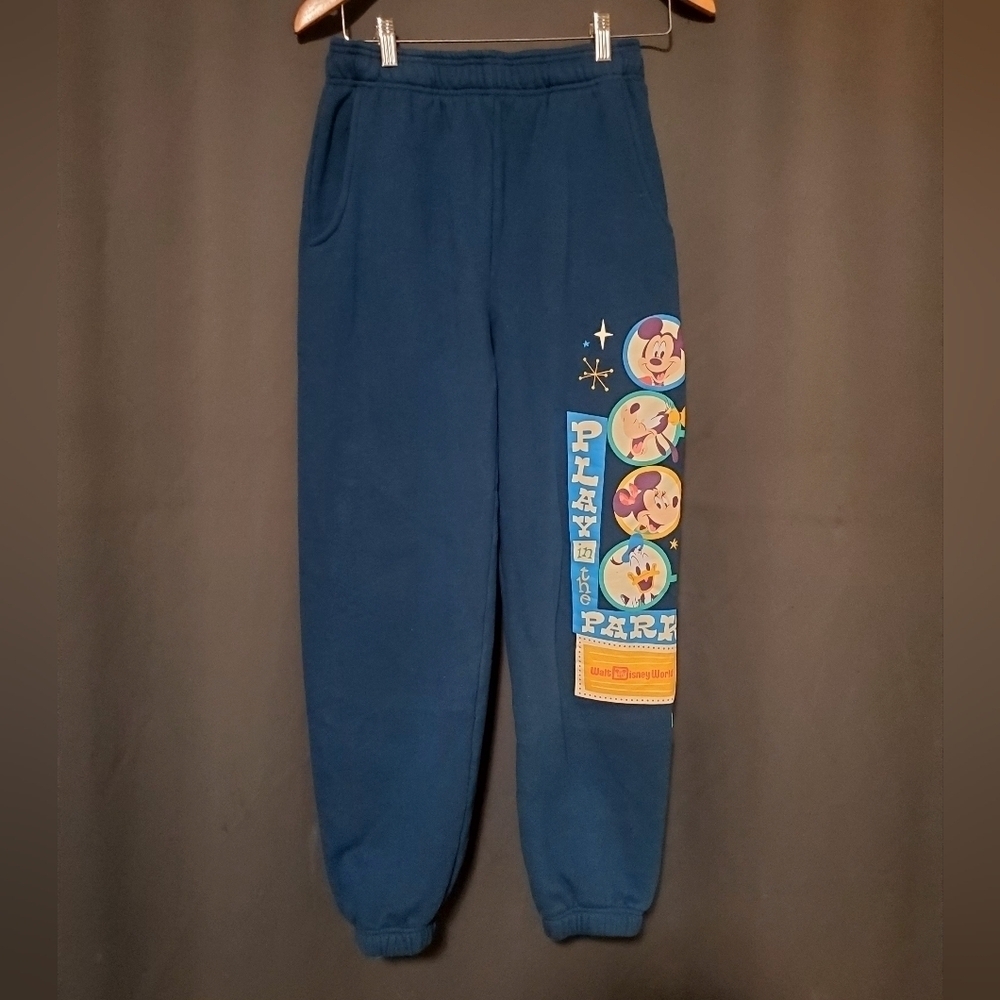 Disney Sweatpant Womens Blue Fleece Ankle Cuffed Play In The Park Graphic Sz XS